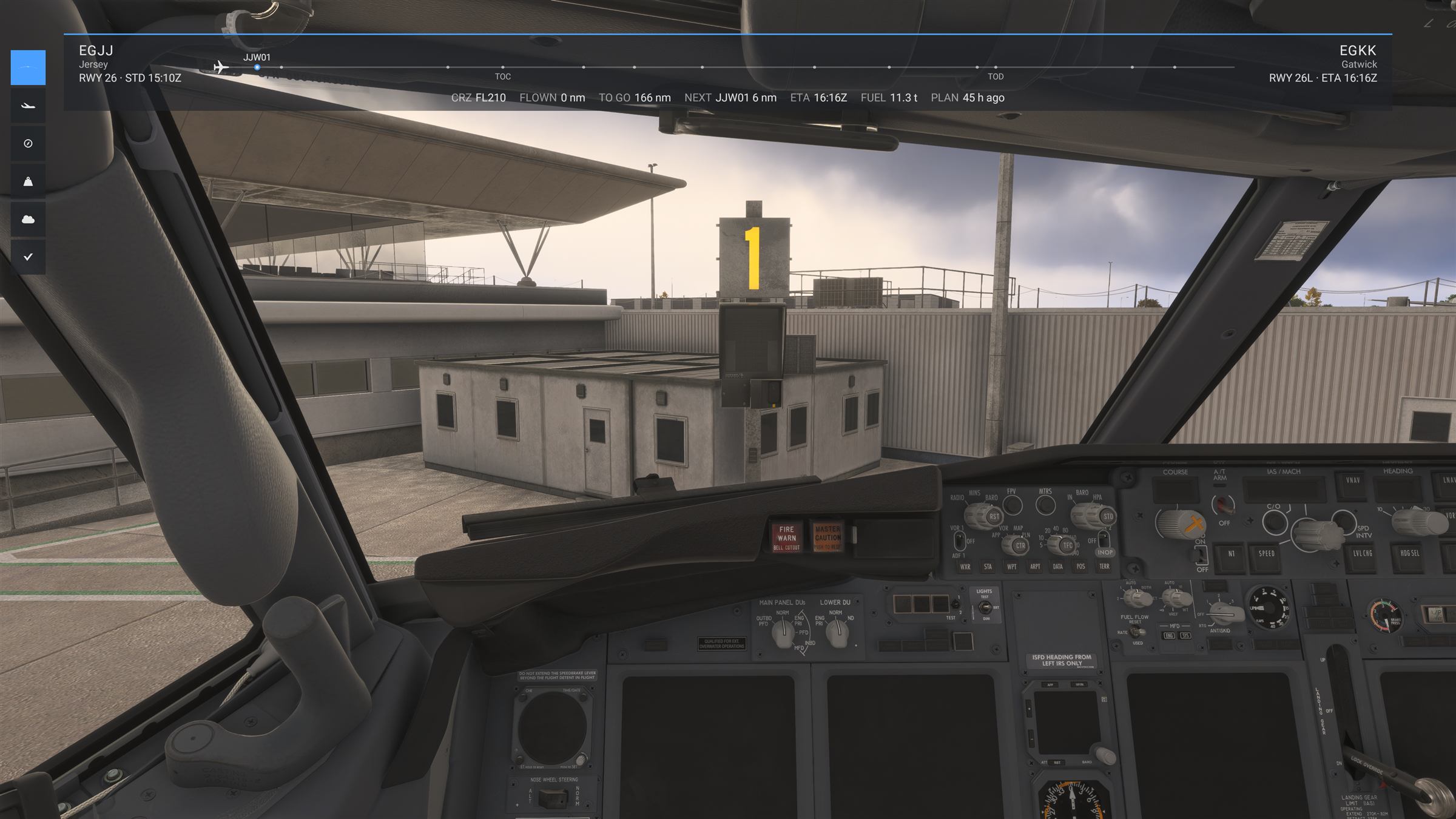 Inside a Boeing 737 cockpit at the gate, with the route progress banner across the top of the screen and a stack of flight panels down the left