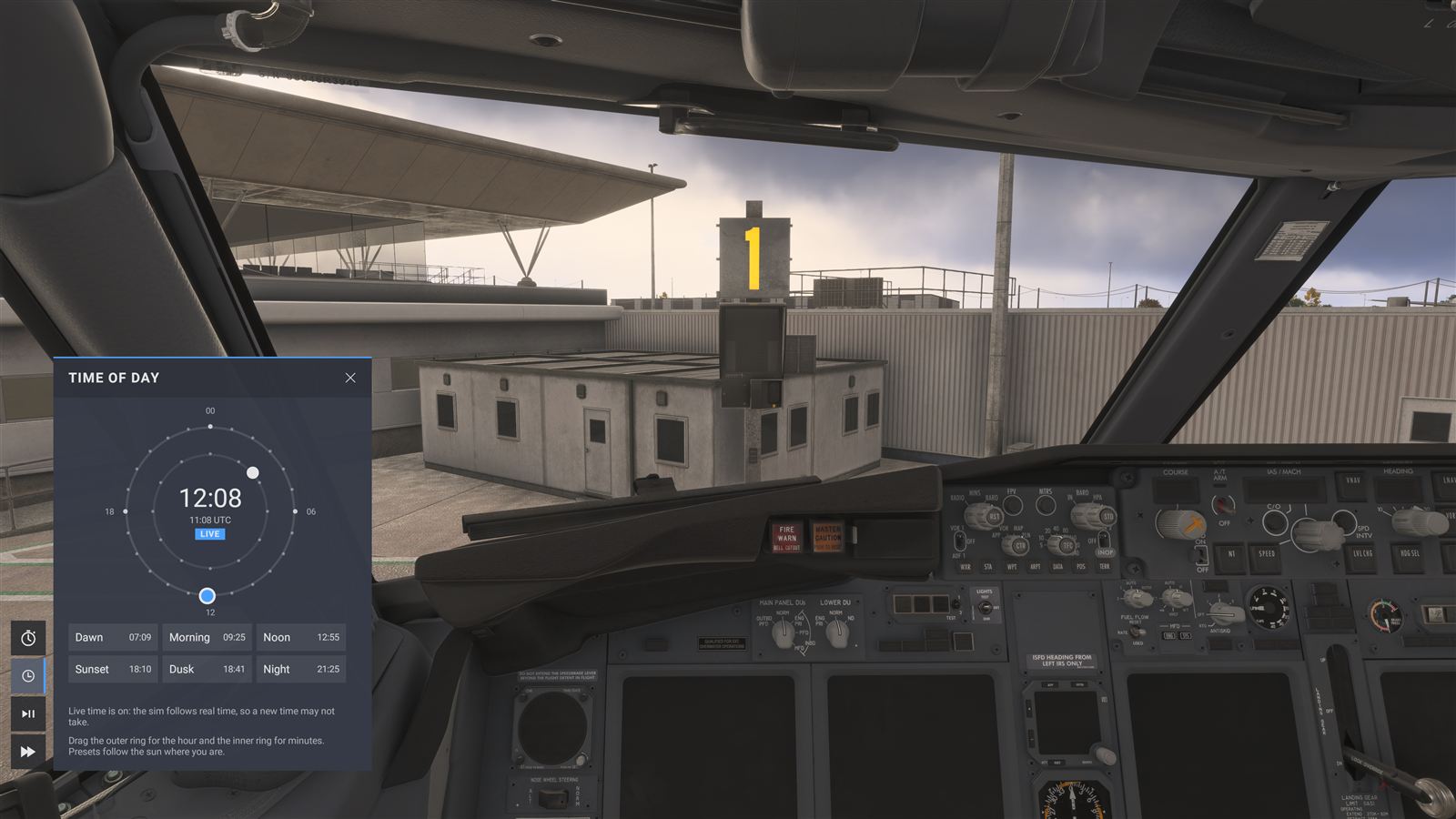 The Time of day panel open over a Boeing 737 cockpit